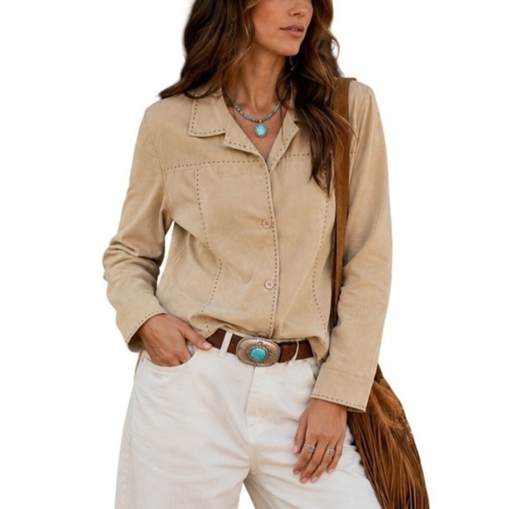 Vintage 90s Western Folk Tan Faux Suede Bold Stitching Trim Button Up Jacket